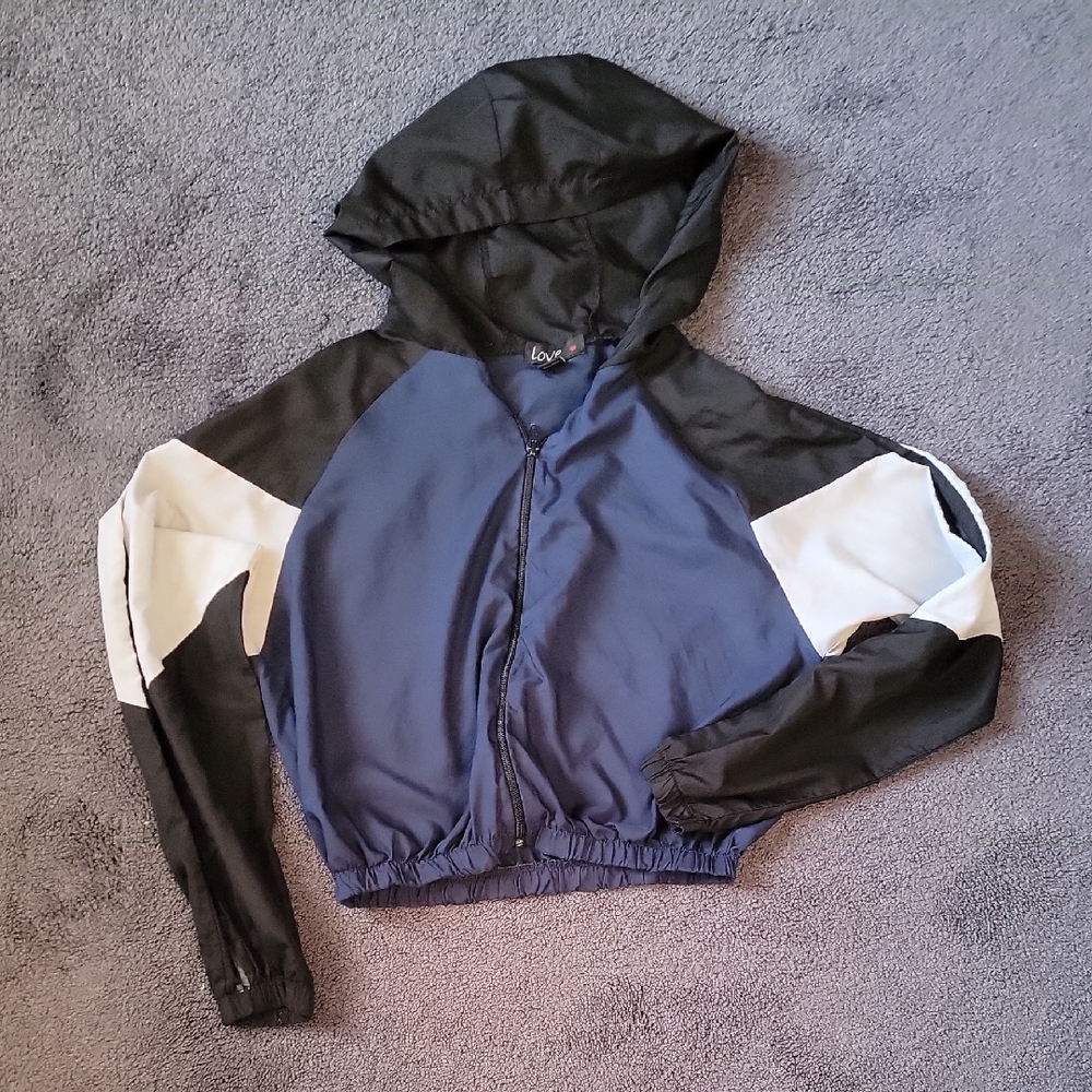 Women's Colorblock Hooded Windbreaker Jacket - Blue/Black/White